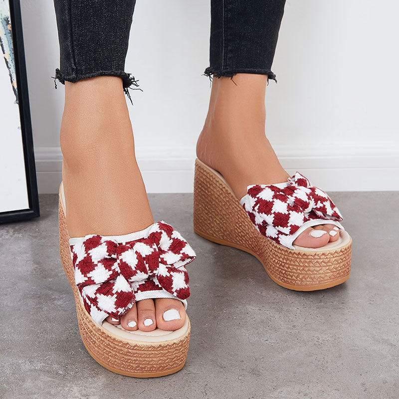 Bowknot Platform Wedge Slide Sandals Plaid Open Toe Slippers