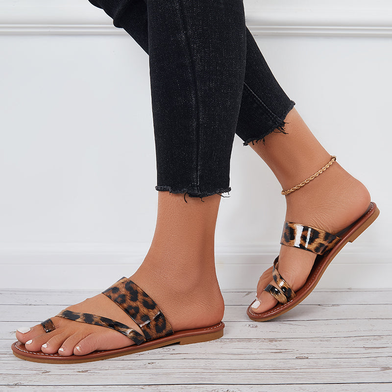 Toe Ring Leopard Wide Slide Sandals Flat Beach Slippers
