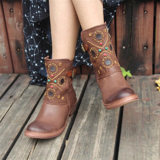 Women Leather Ankle Boots Retro Rivet Comfortable Walking Round Toe Coffee