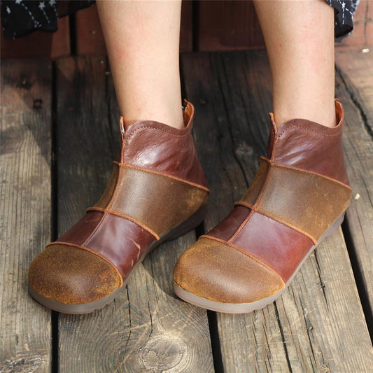 Women Handmade Leather Flats Loafers Boots Color Blocking Ankle Boots Original Design Coffee/Black