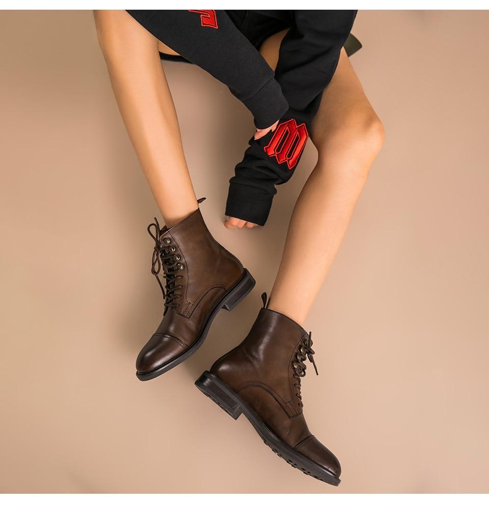 Women Ankle Boots Genuine Leather Lace-Up Round Toe Top Winter Ladies shoes