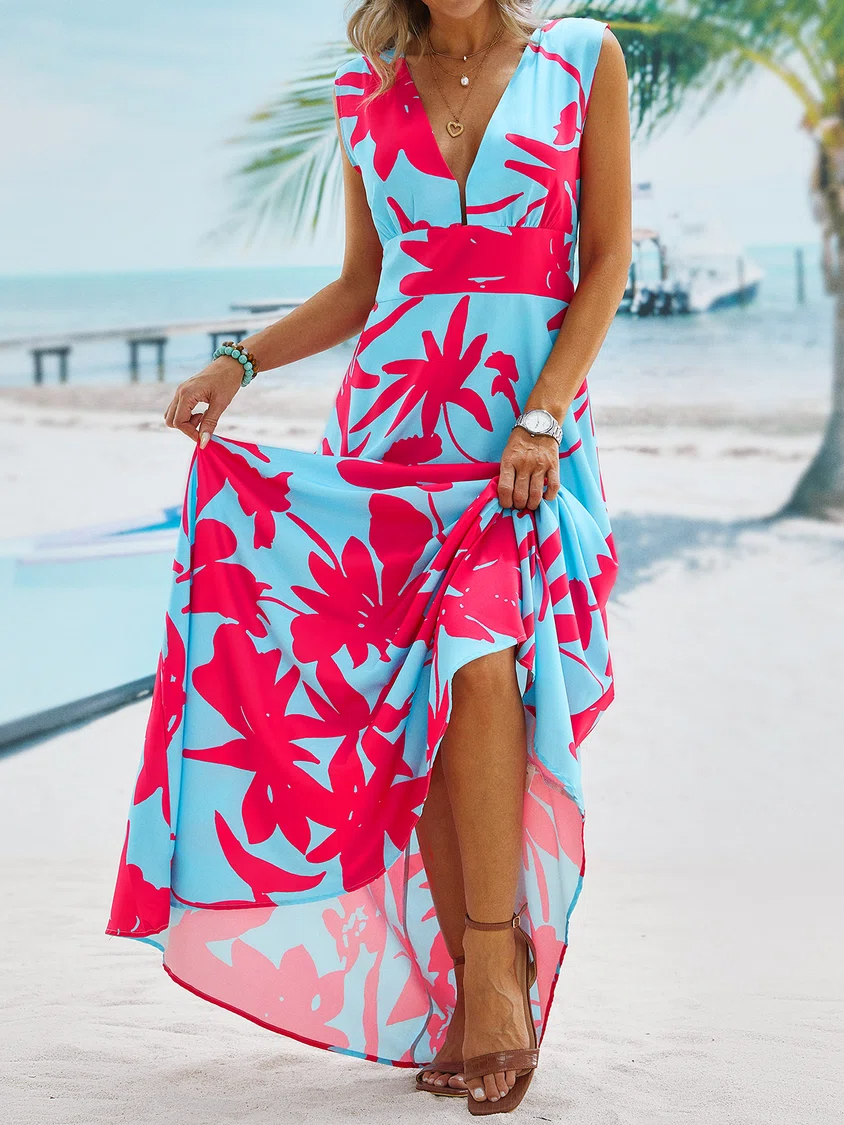 Sleeveless Magenta Floral Aqua Maxi Dress