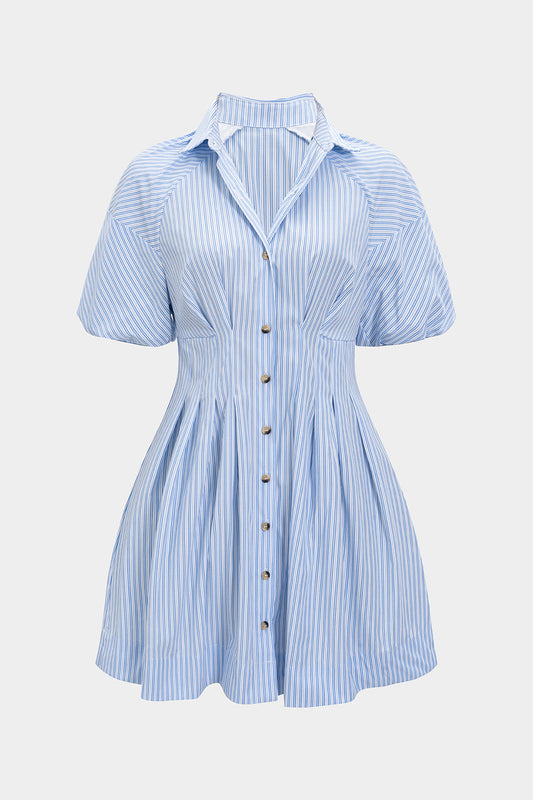 Stripes Print Button Pocket Short Sleeve Mini Dress