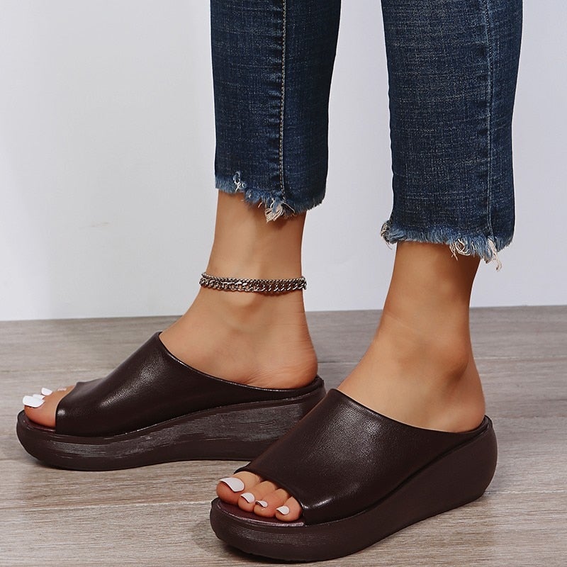 Ladies Leather Sole Slippers Wedge Slide Sandals