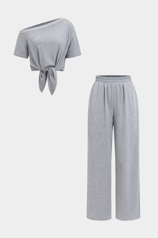 Tie Front Ruched Asymmetrical Tank Top And Trousers Set