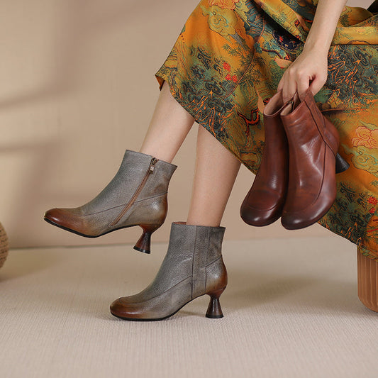 Handmade Soft Leather Kitty Heel Ankle Boots For Women Retro Round Toe Side Zipper in Coffee/Grey
