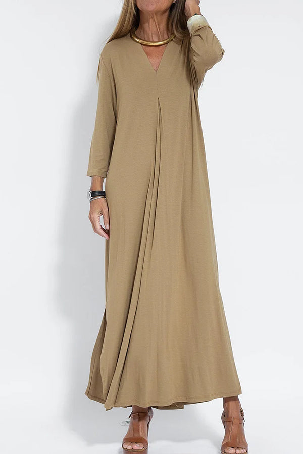 Women Casual V Neck Solid Color Maxi Dress