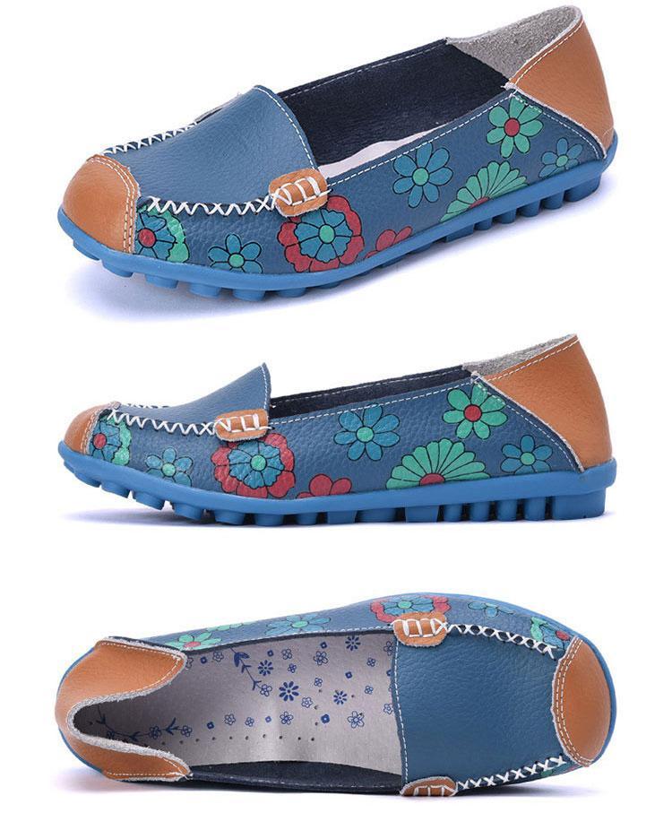 Fashion Ballet Summer Flower Print Shoes Genuine Leathe Loafers Ladies Flats Shoes