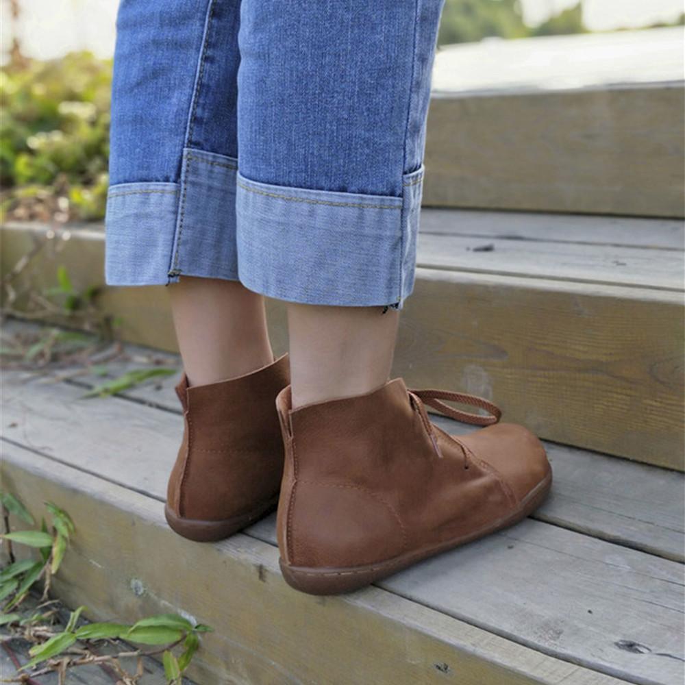 Leather Women Ankle Booties Lace-Up Casual Shoes Flats