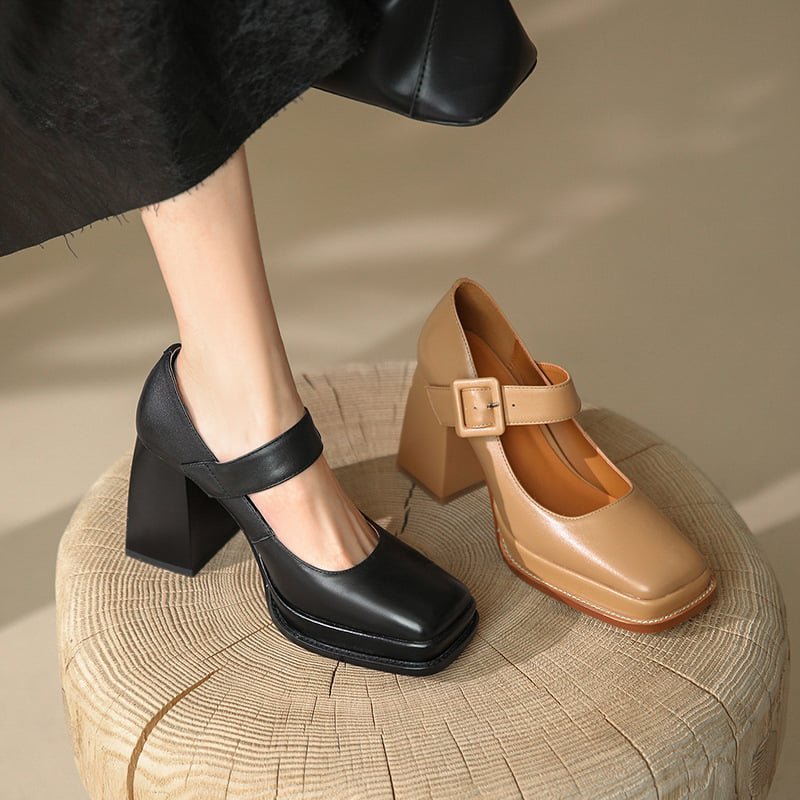 Zonta Square Toe Block Heels Mary Jane Shoes