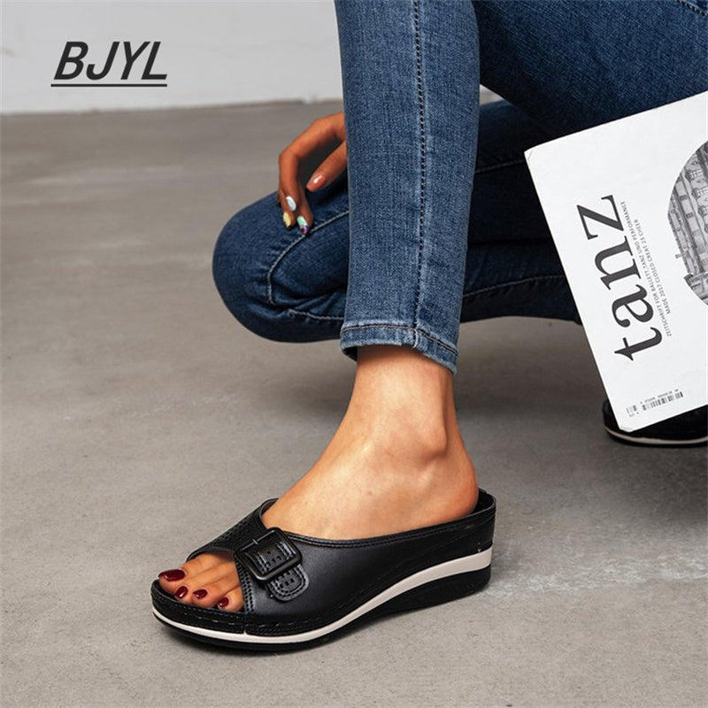 Female One-Word With Fish Mouth Sandals And Slippers Slope Heel Platform Slope Heel Casual Shoes