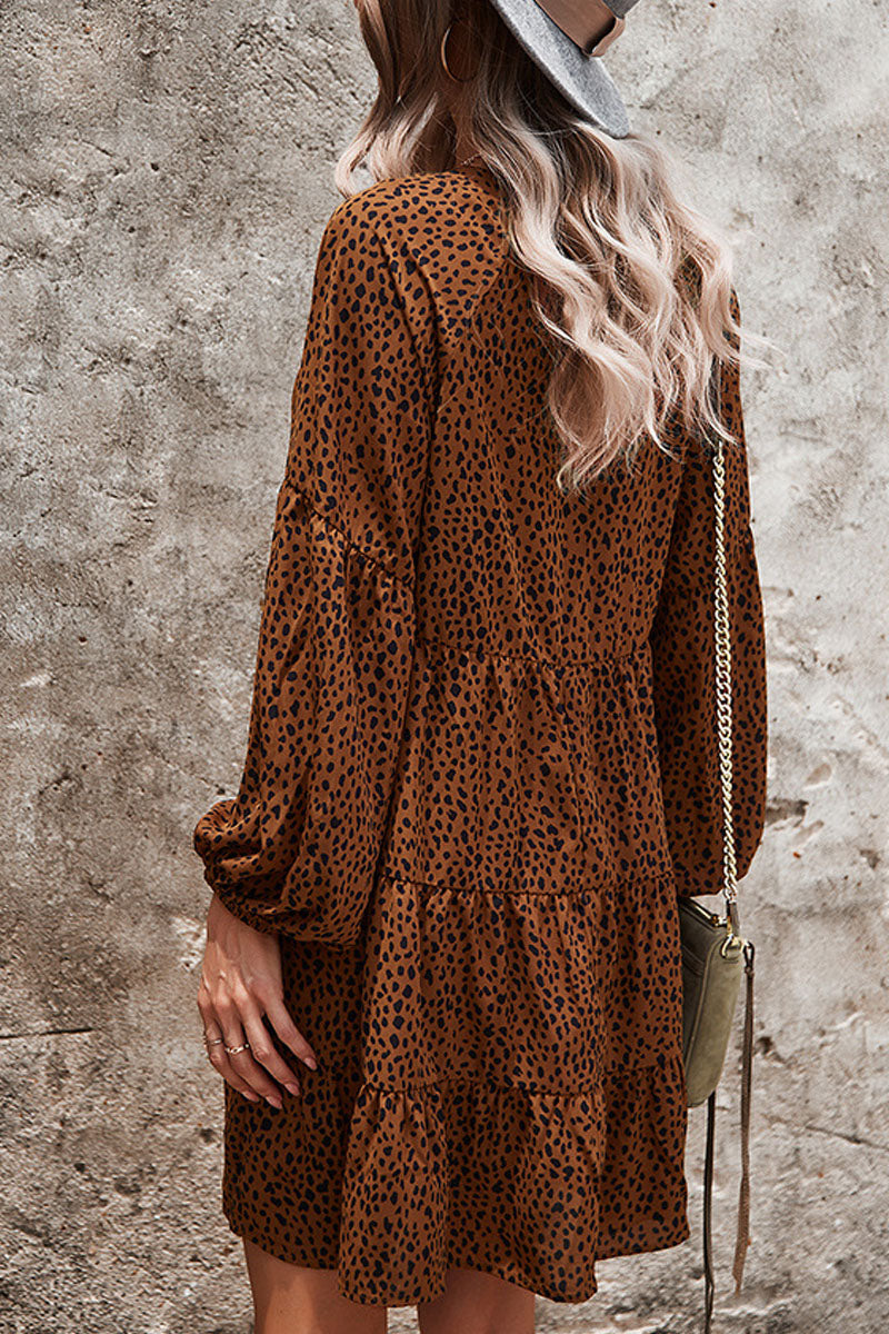 V Neck Leopard Print Button Design Loose Mini Dress