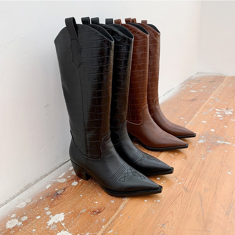 Western R Toe Boots Cowboy Boots Roper Cowgirl Boots Handmade Genuine Leather in Black/Brown - HIGH WESTERN BOOTS