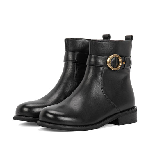 Designer Shoes Genuine Leather Round Toe Side Zip Low Heels Chic Mid-Calf Boots Black Leather Lining