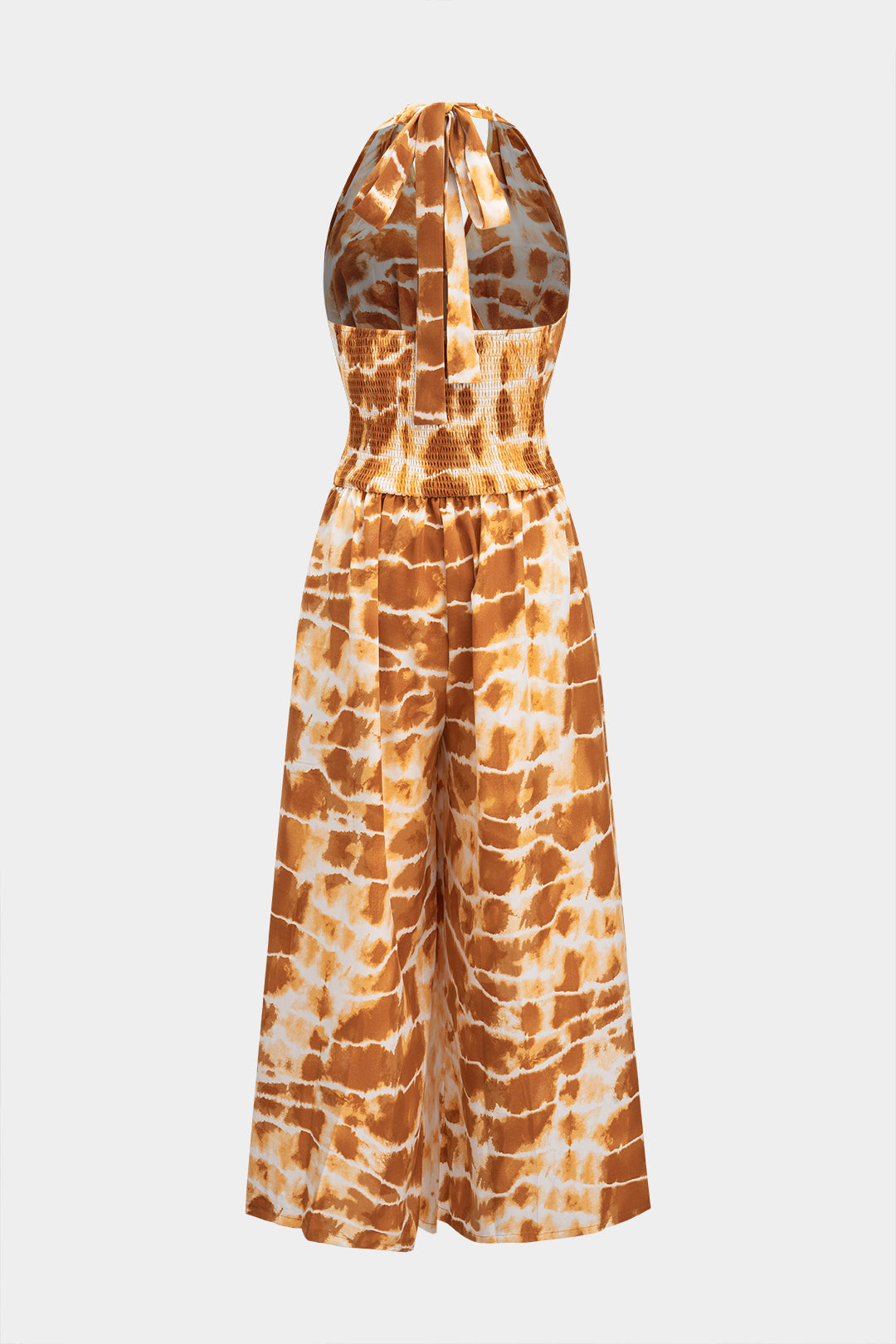 Tie Dye Print Halter Neck Tie-Up Shirred Sleeveless Jumpsuit