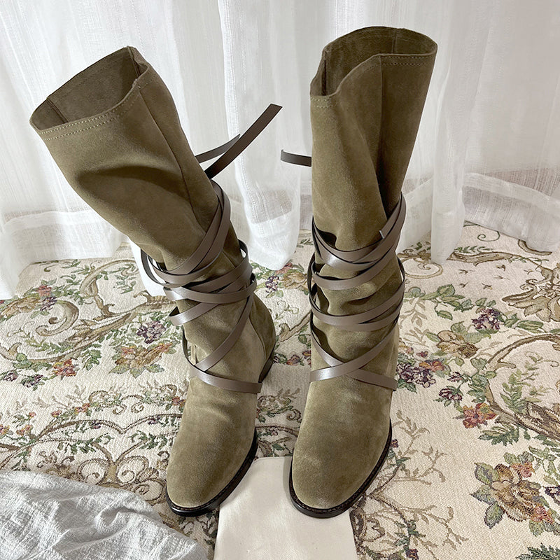 Womens Leather Mid Calf Western Boots In Khaki - Slouchy Suede Boots Round Toe
