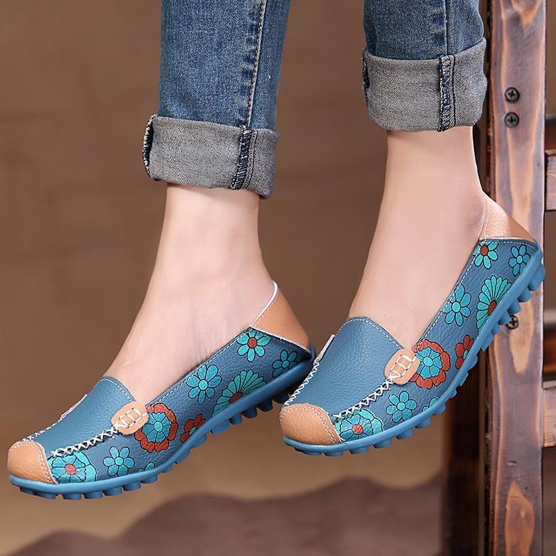 Fashion Ballet Summer Flower Print Shoes Genuine Leathe Loafers Ladies Flats Shoes