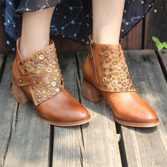 Women Leather Heeled Ankle Boots Retro Rivet Comfortable Walking Pointed Toe Camel