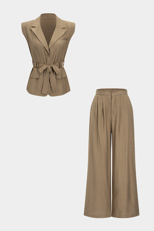 V-Neck Tie Front Short Sleeve Shirt And Wide Leg Trousers Set