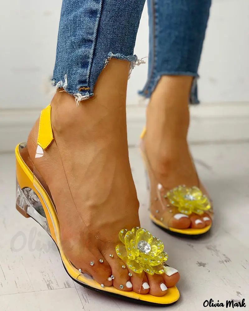 Rhinestone Flower Pattern Transparent Wedge Sandals