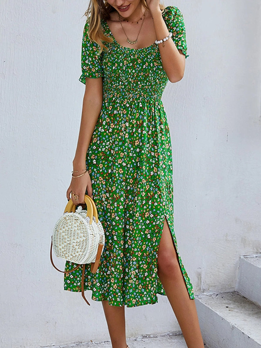 Temperament Print Green Scoop Neck Midi Dress