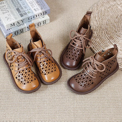 Womens Handmade Cut Out Leather Ankle Boots For Summer Lace Up in Coffee/Golden