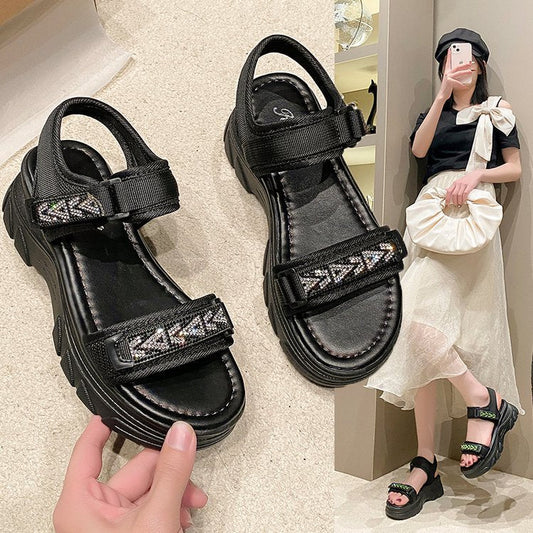 Women's Sports Summer Muffin Platform Rhinestone Velcro Sandals