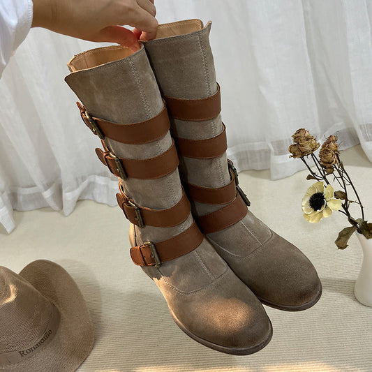 Riding Boots For Women Handmade Leather Mid Calf Boots Chunky Buckle Boots in Brown/Black