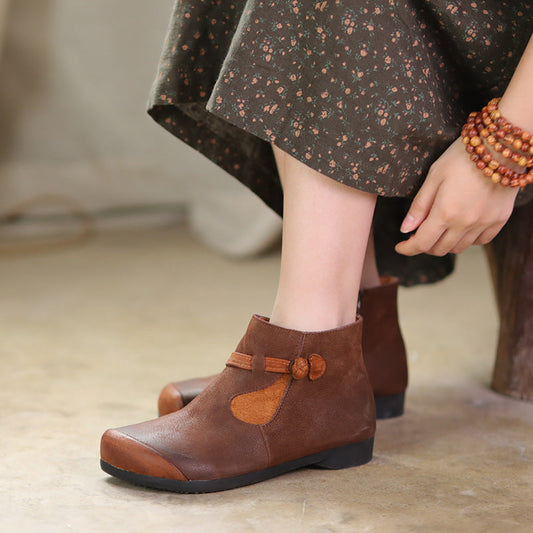 Women Calf Leather Ankle Boots Round Toe Flat  Lace-Up Boots White/Brown/Coffee