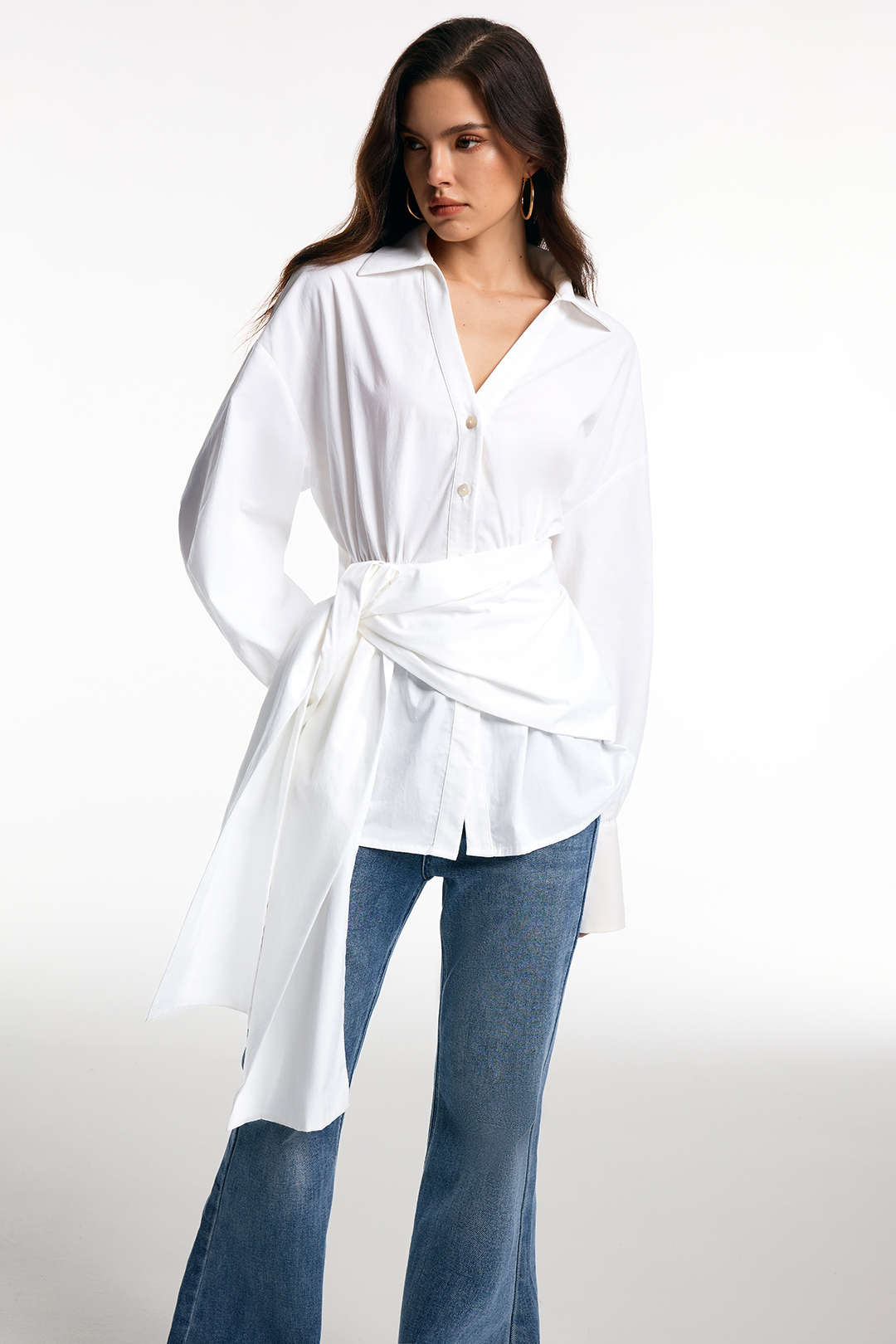 Tie Front Ruched Long-Sleeve Shirt