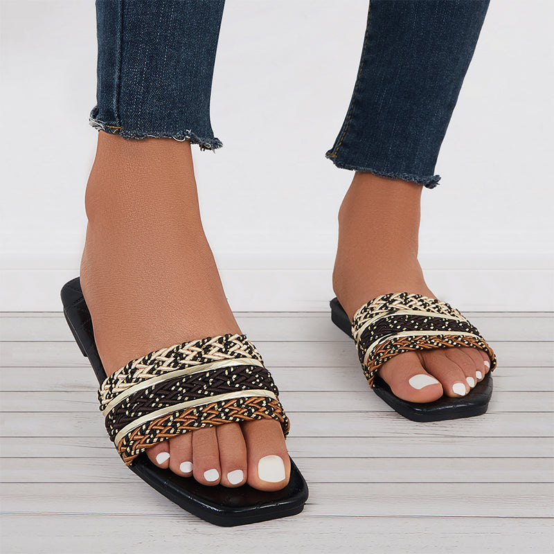 Braided Flat Slide Sandals Square Toe Beach Slippers