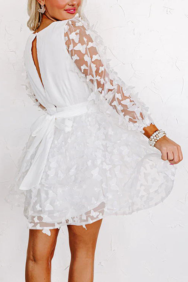 Butterfly Kisses Applique Tulle Patchwork Belt Wrap Mini Dress