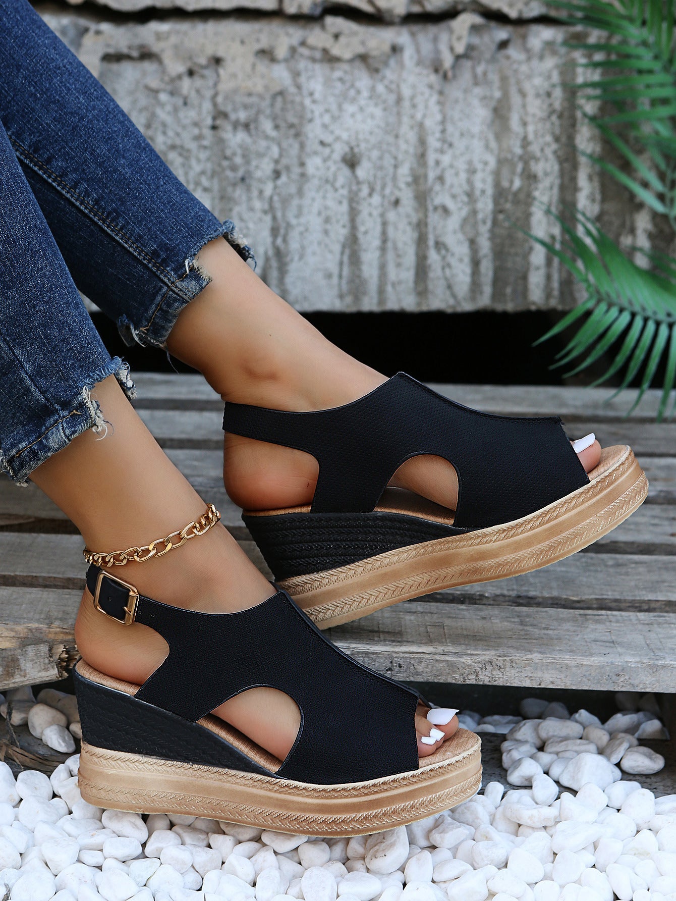 Buckle Detail Slingback Wedge Sandals