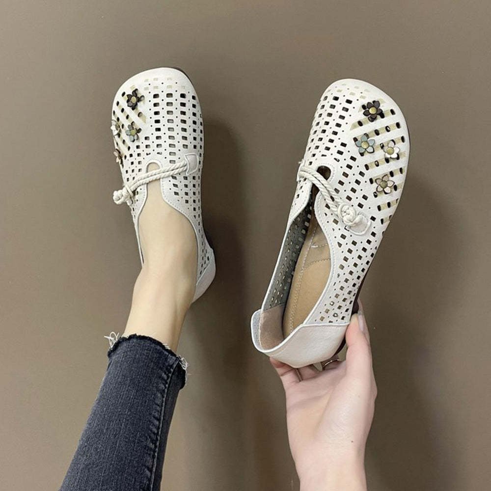 Vintage Flower Hollow Out Round Toe Flats