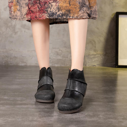 Retro Leather Ankle Boots With Zipper Splicing Craft Handmade Women Flat Shoes Black/Coffee