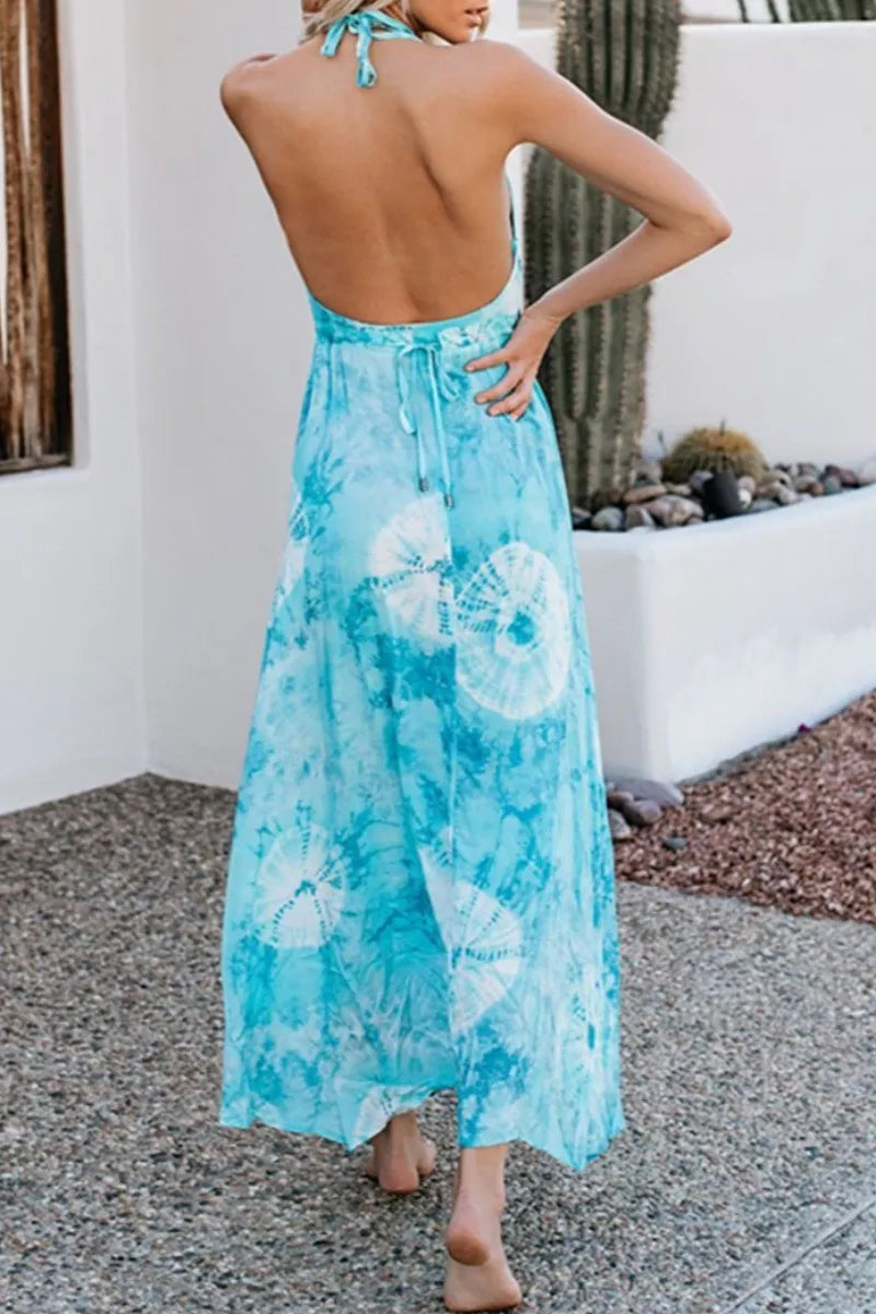 Tie-dye Print Backless Multicolor Maxi Dress