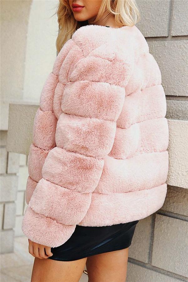 Elegant Thick Fluffy Faux Fur Coat - Light Gray
