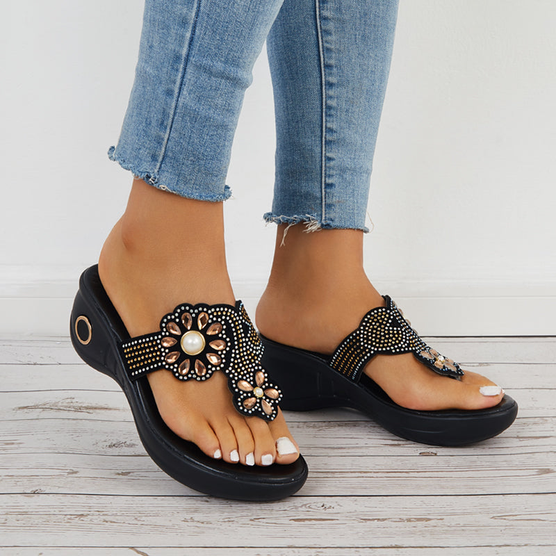 Rhinestone Flip Flop Platform Wedge Slippers Slide Sandals