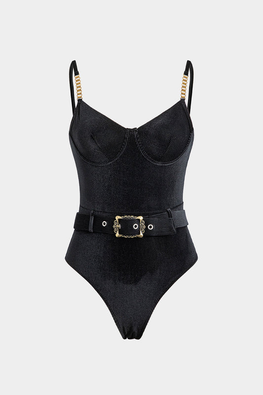 Tummy Control Metallic Belted Bustier Swimsuit