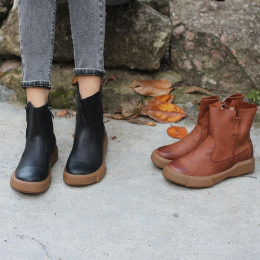 Retro Cowhide Boots Women Comfy Zip Walking Boots Brown/Black
