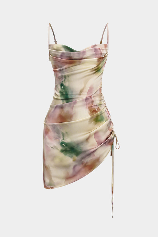 Tie Dye Ruched Drawstring Slip Sleeveless Mini Dress