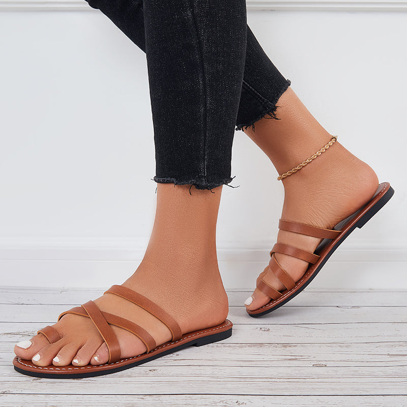 Brown Toe Ring Wide Slide Sandals Flat Beach Slippers