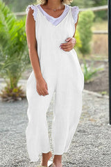 V-neck wide-leg pants suspenders solid color long jumpsuit