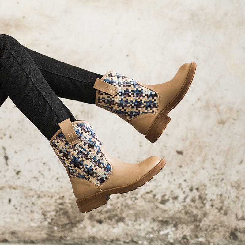 Woven Leather Boots Mid Calf Color Blocking Design Cowgirl Boots In Green/Apricot/Red/Black