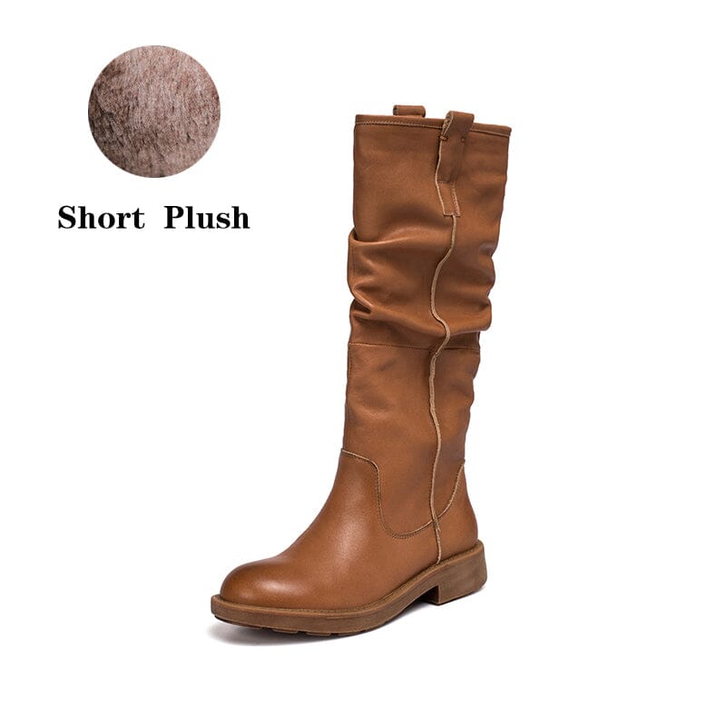 Waxing Leather Knee High Boots Fold Design Riding Boots Buckle Boots in Black/Brown