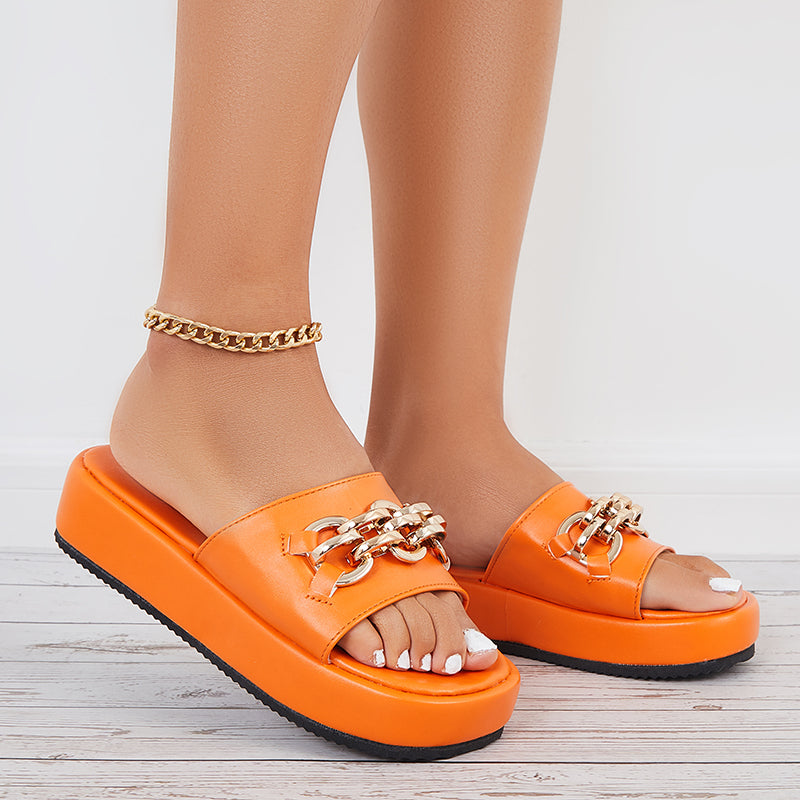 Casual Open Toe Flatform Slippers Chain Decor Platform Slide Sandals