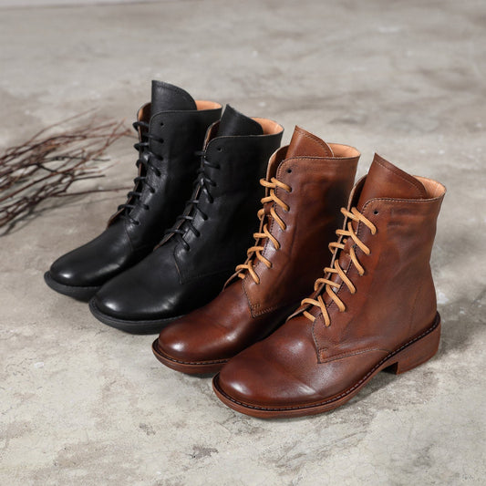 Winter Boots Handmade Genuine Leather Lace-Up Combat Boots Retro Boots Chunky Ankle Boots Black/Coffee