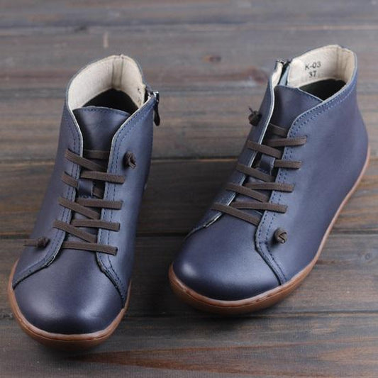 Retro Women Leather Ankle Boots Casual Walking Boots Soft Sole Flats Loafers