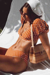 Bubble Sleeve Dot Print Two pieces Swimsuit (3 Colors)