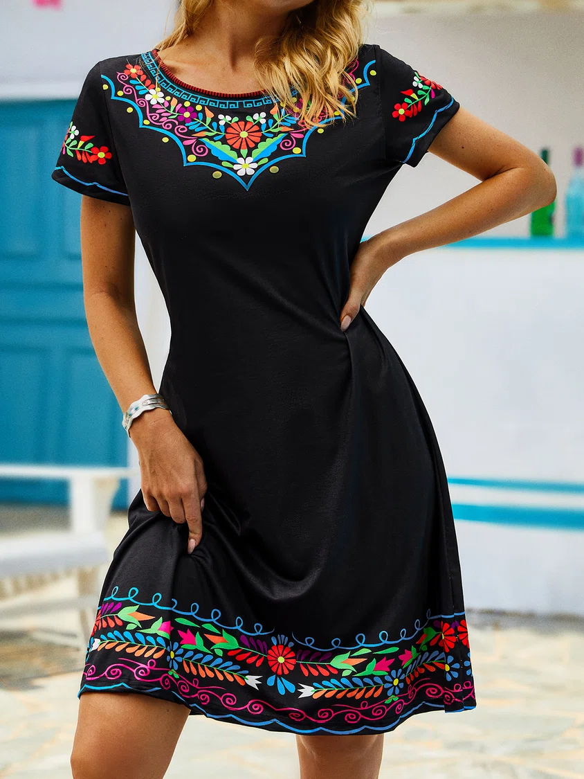 Tribal Crew Neck Casual Short Sleeve Knit Dress